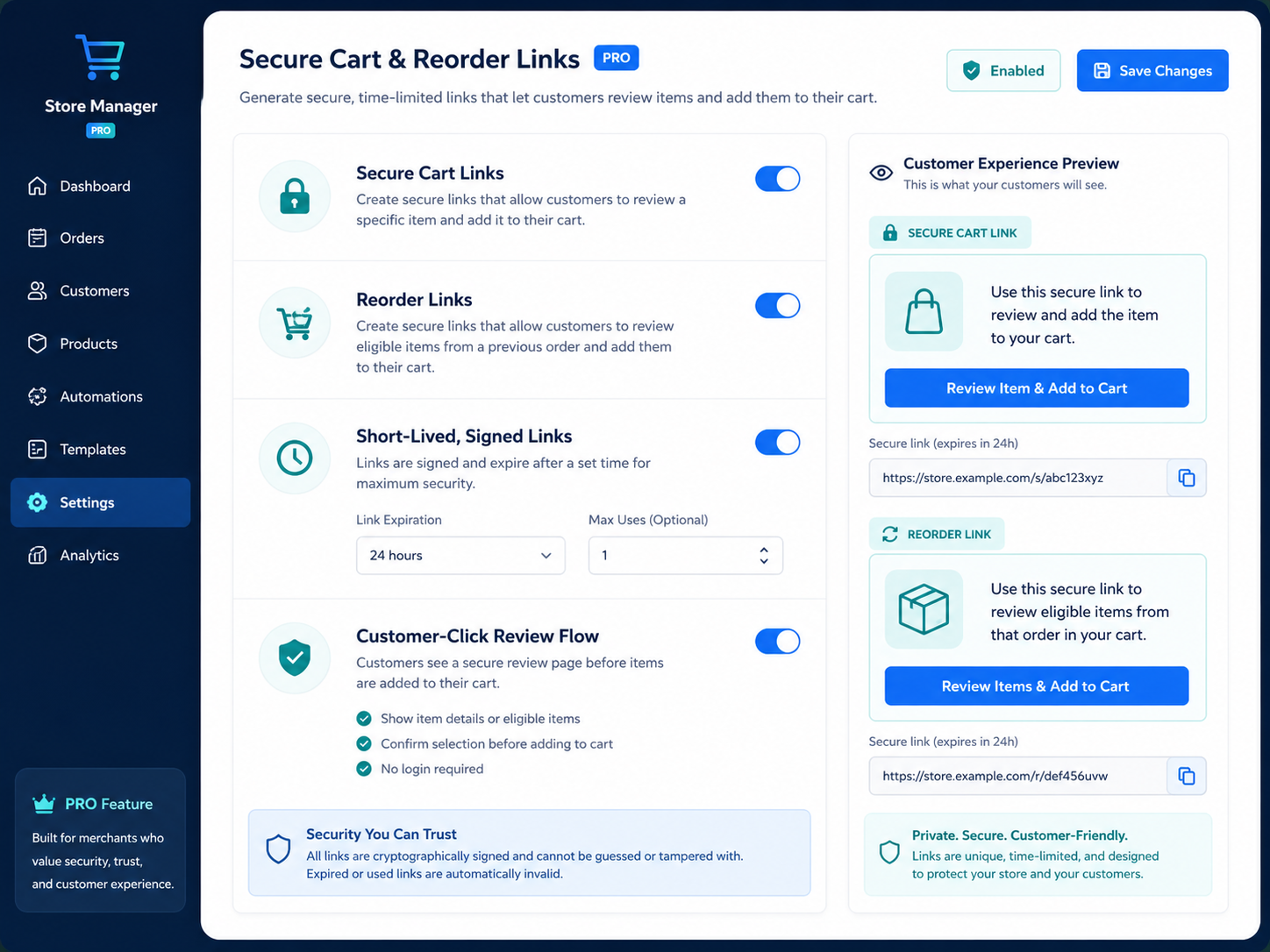 Workflow mockup showing secure cart and reorder link generation controls.