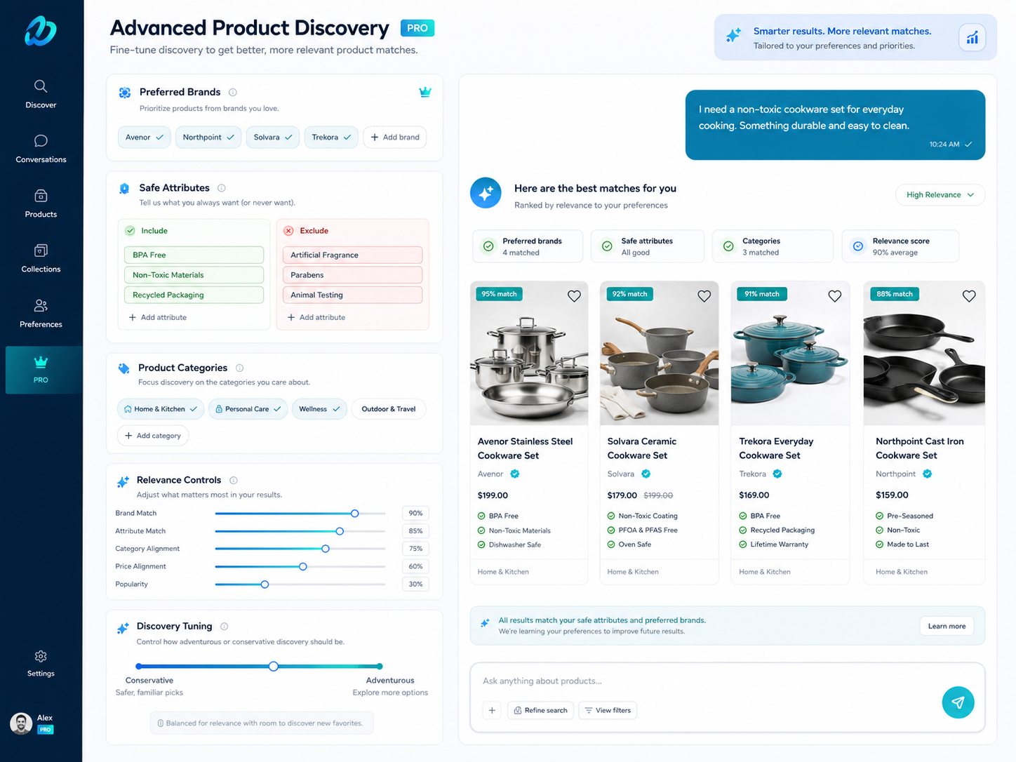 Pro workflow mockup showing advanced product discovery and support controls.