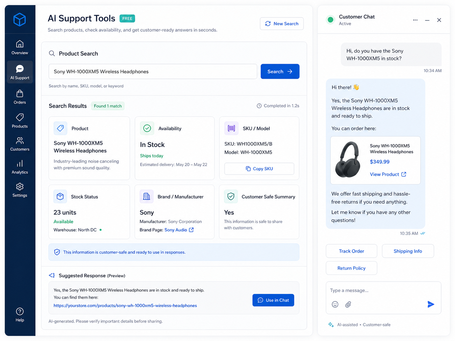 Workflow mockup showing product search and availability tools for WooCommerce support.