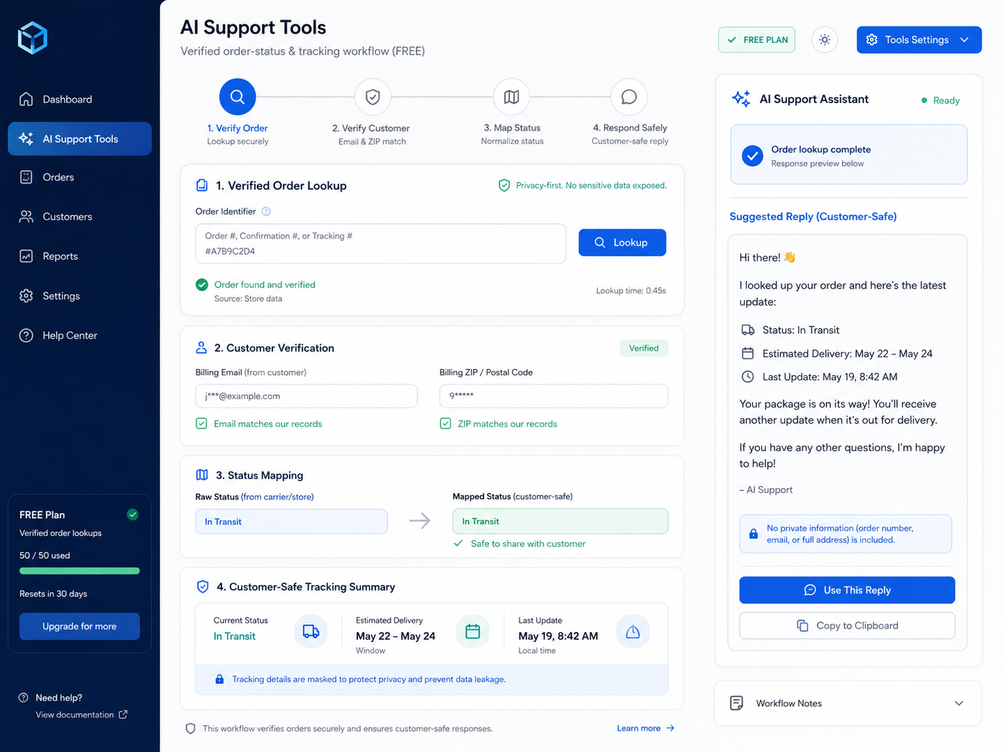 Workflow mockup showing verified order status, tracking context, and support-safe response controls.
