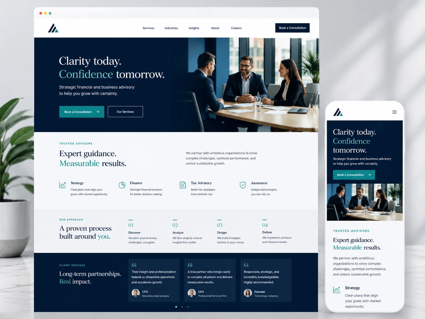 Consulting and professional services website concept with desktop and mobile layout previews.