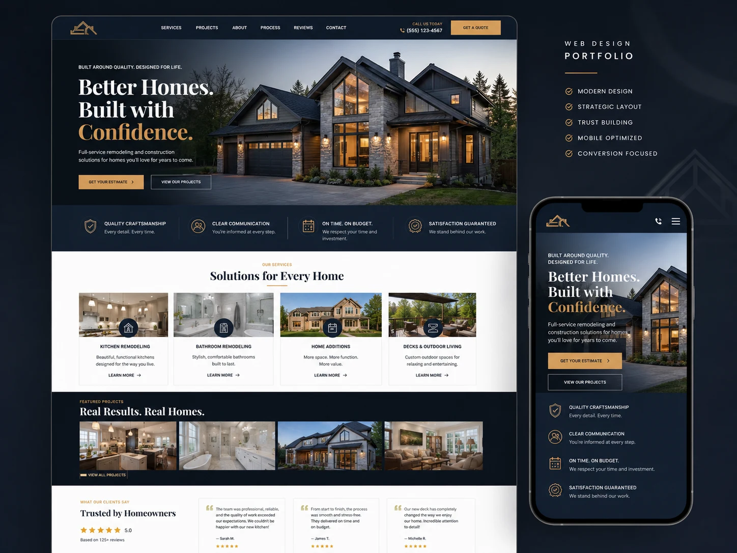 Home services and contractor website concept with responsive page mockups.