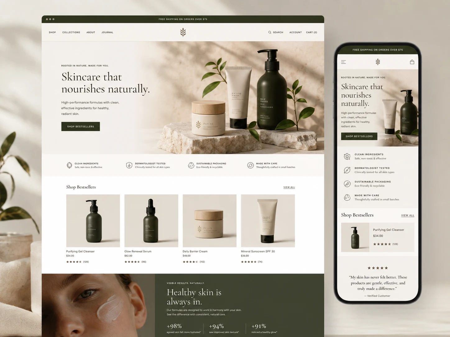 Ecommerce product brand website concept with product grid and mobile store preview.