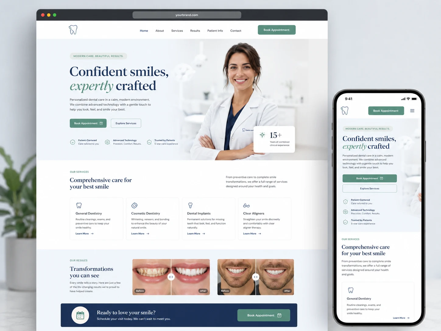 Healthcare and practice website concept with desktop and mobile service page previews.