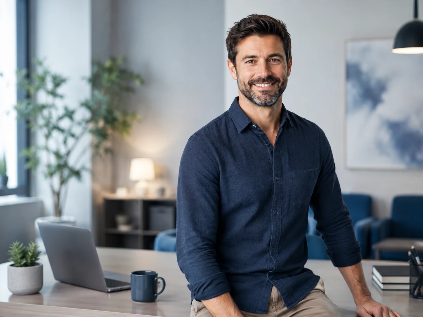 Friendly professional in a modern office setting for business website consultation.