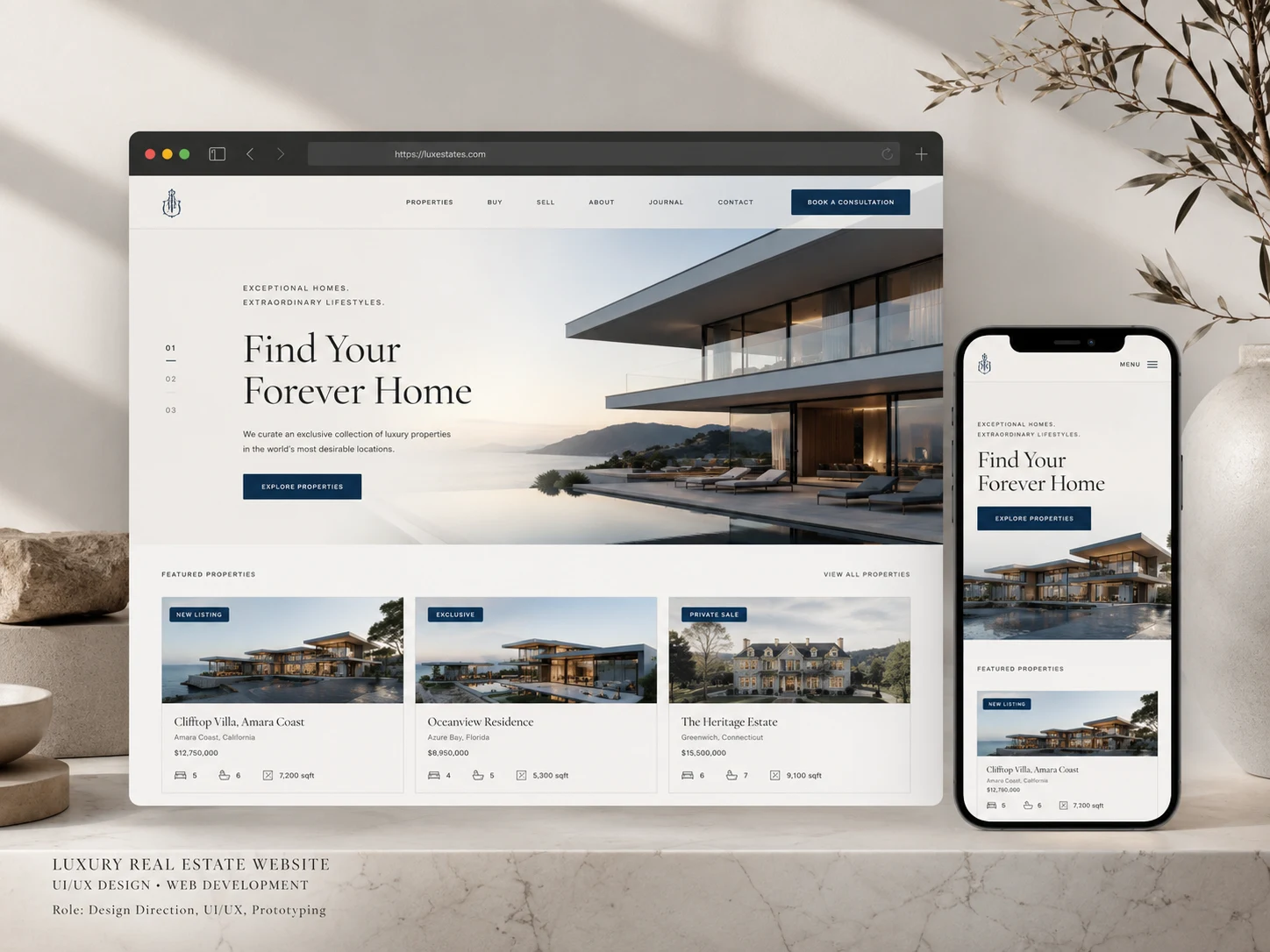 Real estate website style concept with property showcase layouts on desktop and mobile screens.